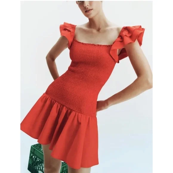 zara red ruffle mini dress Zara Puff Hem Red Mini Dress by Zara